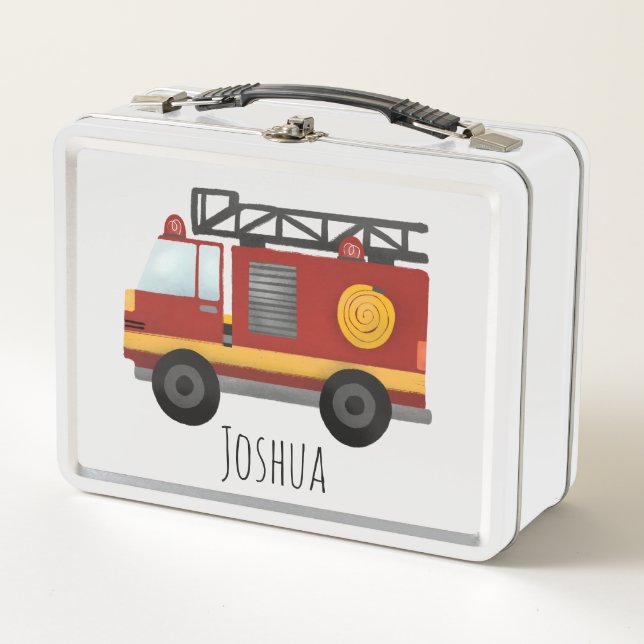 Boys Firefighter Fire Engine Truck Kids School Metal Lunch Box (Front)