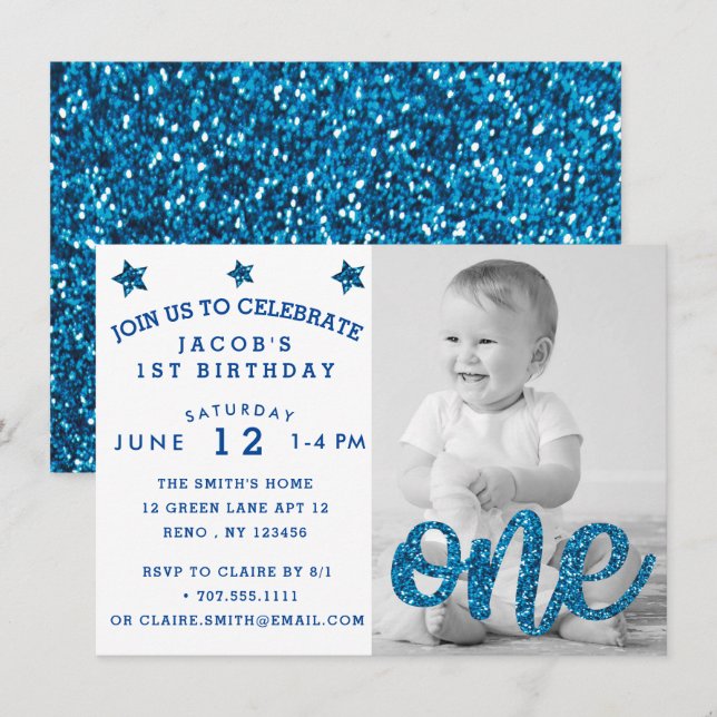 Boys First Birthday Blue Glitter Photo Invitation (Front/Back)