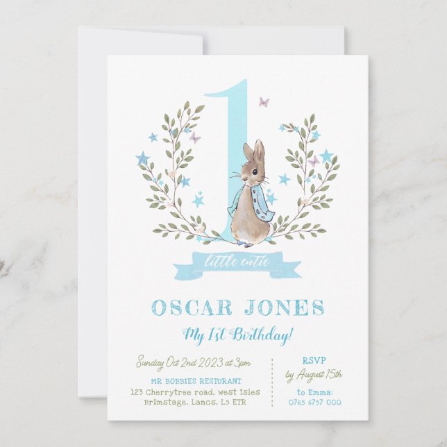 Boys first birthday invite, Peter rabbit boys Invitation (Front)