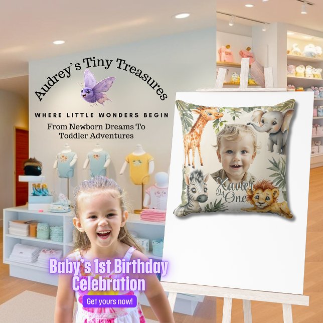 Boy's First Birthday-Jungle Safari Throw Pillow (Creator Uploaded)
