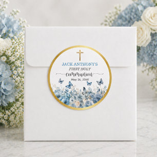 Boy's First Communion Gold Cross Blue Floral Classic Round Sticker