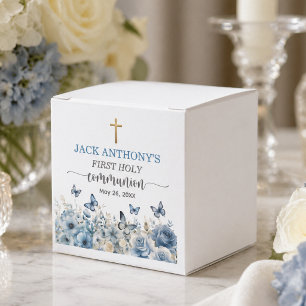 Boy's First Communion Gold Cross Blue Floral Favor Box