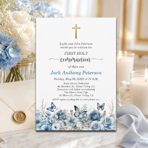 Boy's First Communion Gold Cross Blue Floral Invitation