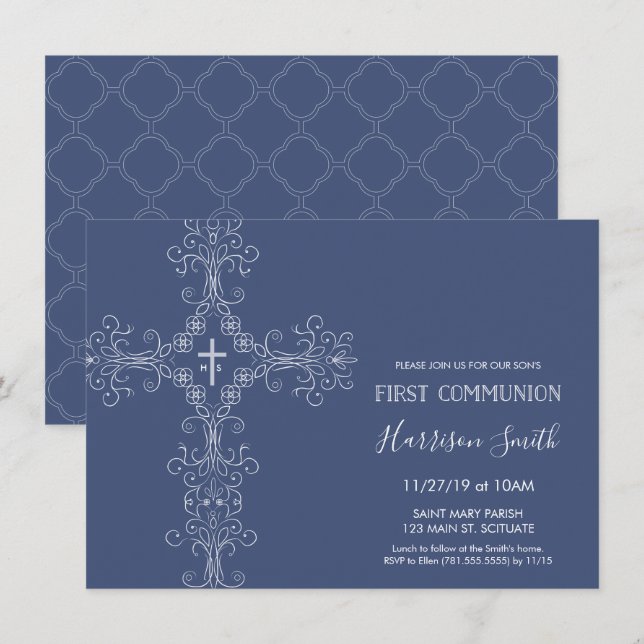 Boy's First Communion Invitation - Cross, Monogram (Front/Back)
