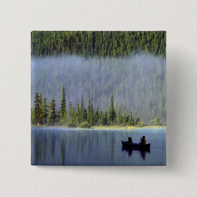 Boys fishing from canoe with mist in 2 inch square button (Front)
