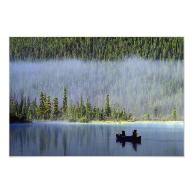 Boys fishing from canoe with mist in photo print (Front)