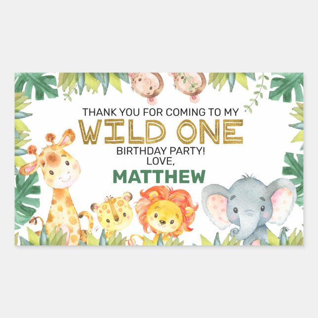 Boys Foliage Wild One Safari Animals Birthday Sticker (Front)