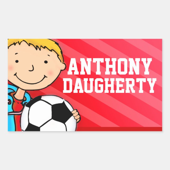 Boys football soccer name red id label sticker (Front)