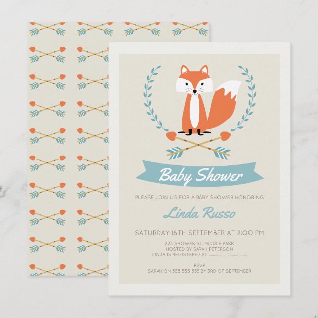 Boys Fox Et Flèches Baby shower Invitation (Devant / Derrière)