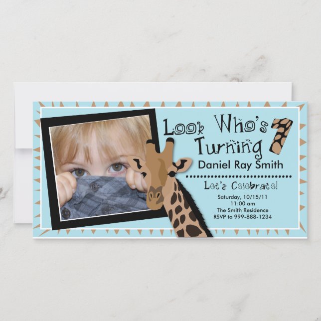 Boys Giraffe First Birthday Party Invitation (Front)