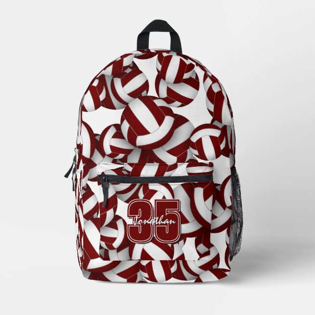 Boys girls maroon white volleyball club colours printed backpack (Front)