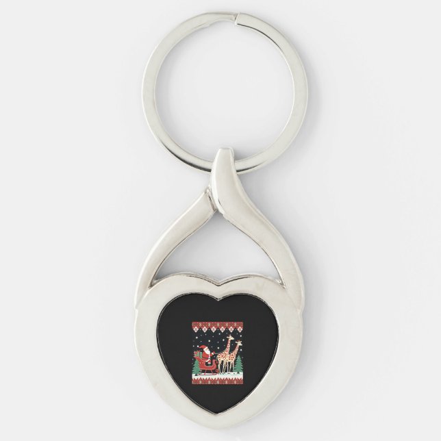 Boys Girls Santa Claus Riding Giraffe Sleigh Ugly  Keychain (Front)