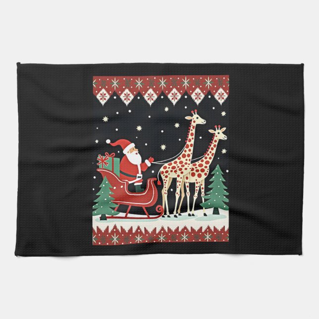 Boys Girls Santa Claus Riding Giraffe Sleigh Ugly  Kitchen Towel (Horizontal)