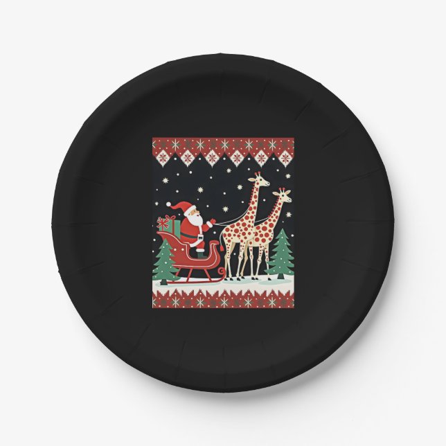 Boys Girls Santa Claus Riding Giraffe Sleigh Ugly  Paper Plate (Front)