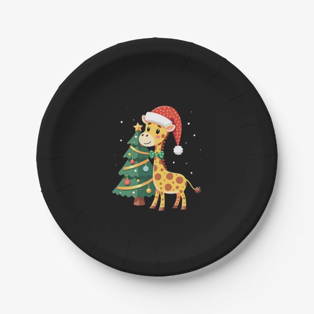 Boys Girls Santa Claus Riding Giraffe Sleigh Ugly  Paper Plate (Front)