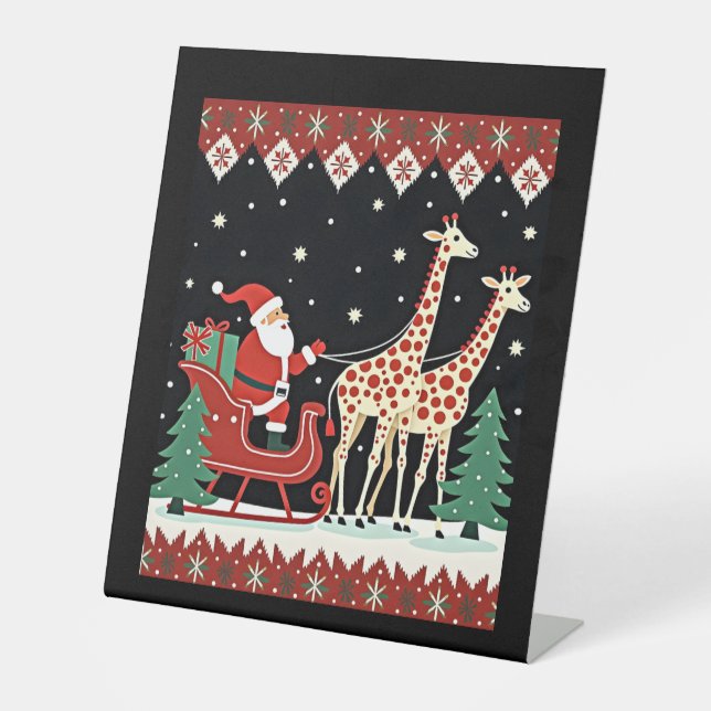 Boys Girls Santa Claus Riding Giraffe Sleigh Ugly  Pedestal Sign (Front)