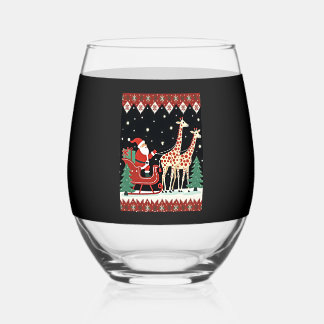 Boys Girls Santa Claus Riding Giraffe Sleigh Ugly  Stemless Wine Glass
