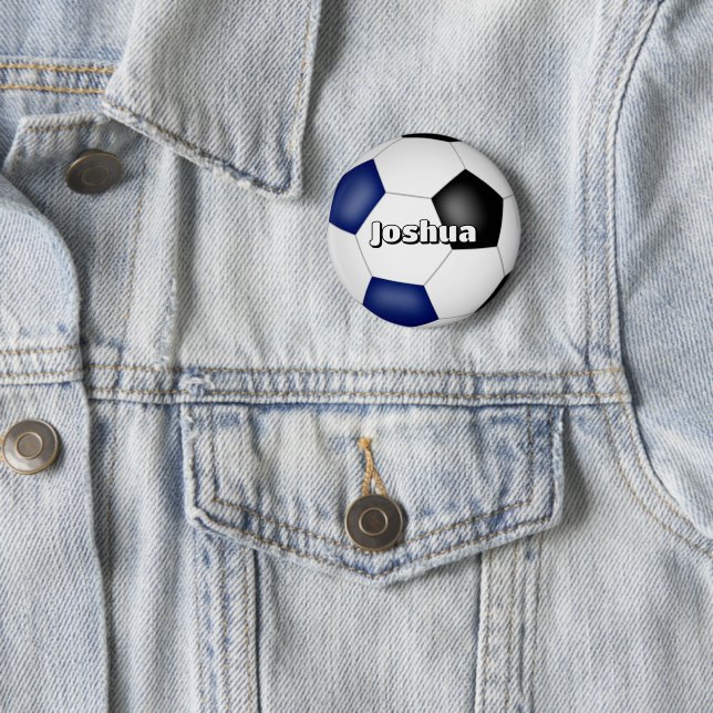 boys girls soccer blue black team colours 2 inch round button (In Situ)