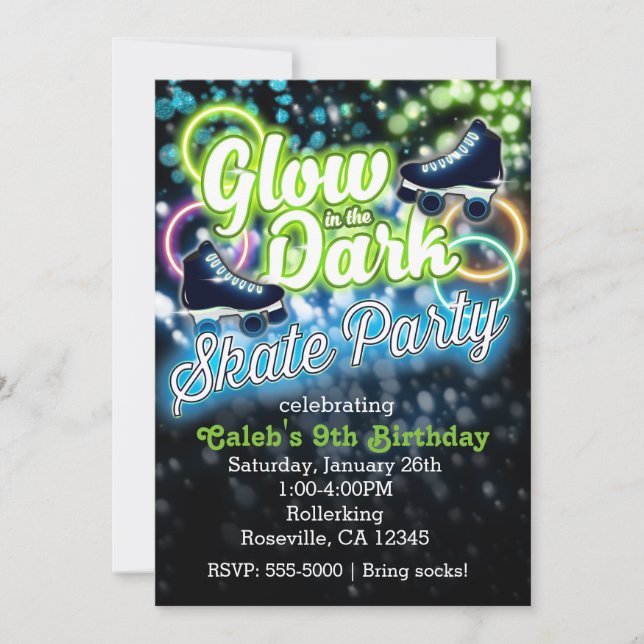 Boys GLOW in dark SKATE PARTY Birthday Invitation (Front)