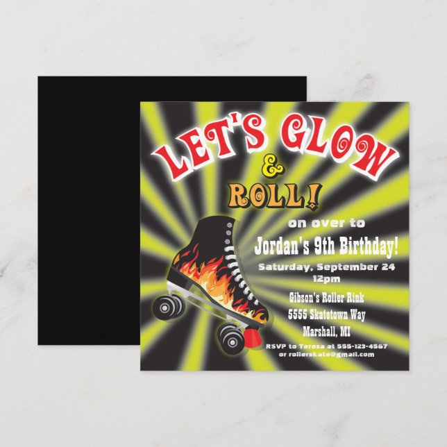Boys Glow in the Dark Roller Skating Party Invites (Front/Back)