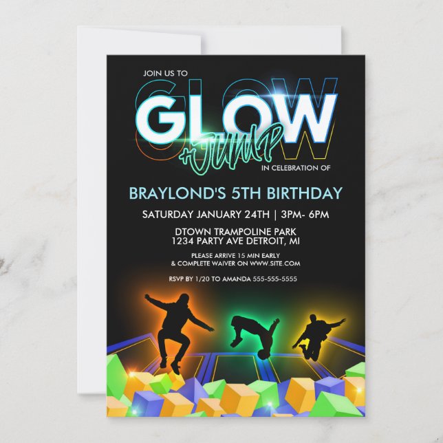 Boys Glow Trampoline Park Party Invitation (Front)