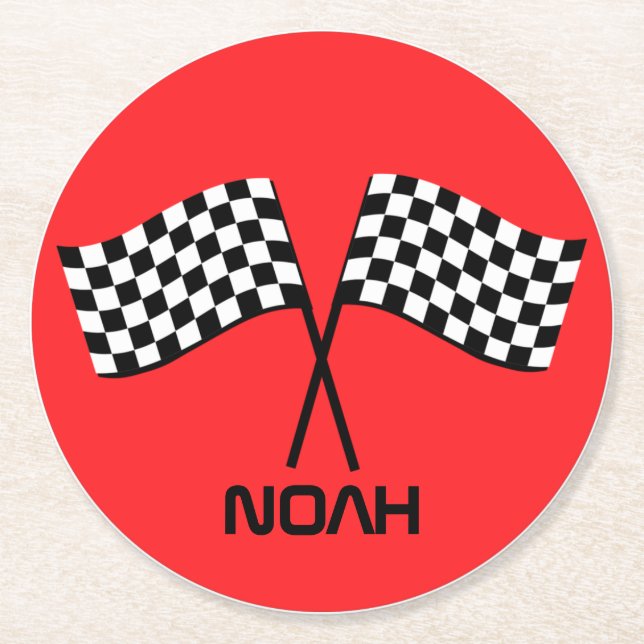 Boy's Go Kart Pit Stop Birthday Racing Flags Class Round Paper Coaster (Front)