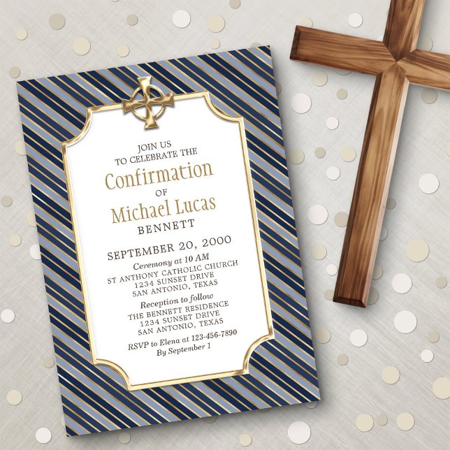 Boys' Gold Navy Stripes Confirmation Invitation (Creator Uploaded)