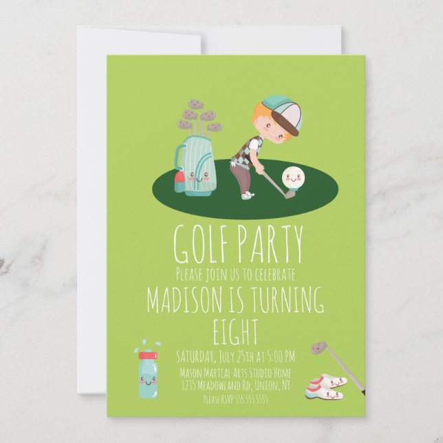 Boys Golf Cute Birthday Party Green Invitation (Front)