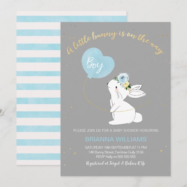 Boys Gray Blue Bunny Baby shower invitation (Devant / Derrière)