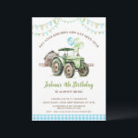 Boys Green Blue Balloons Tractor Birthday Invitation<br><div class="desc">Boys Green Blue Balloons Tractor Birthday Invitation

Tractor themed birthday invitation for boy featuring a green tractor,  blue and green balloons,  a barn,  bunting flags and blue plaid pattern.  Can be used for any age.</div>
