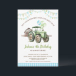Boys Green Blue Balloons Tractor Birthday Invitation<br><div class="desc">Boys Green Blue Balloons Tractor Birthday Invitation

Tractor themed birthday invitation for boy featuring a green tractor,  blue and green balloons,  a barn,  bunting flags and blue plaid pattern.  Can be used for any age.</div>