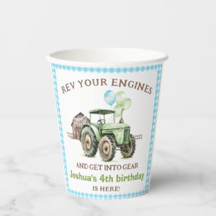 Boys Green Blue Balloons Tractor Birthday Paper Cups