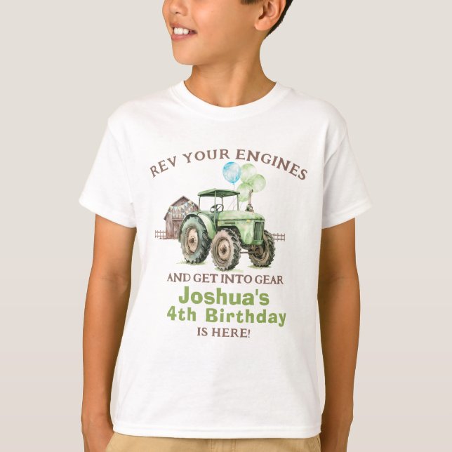 Boys Green Blue Balloons Tractor Birthday T-Shirt (Front)