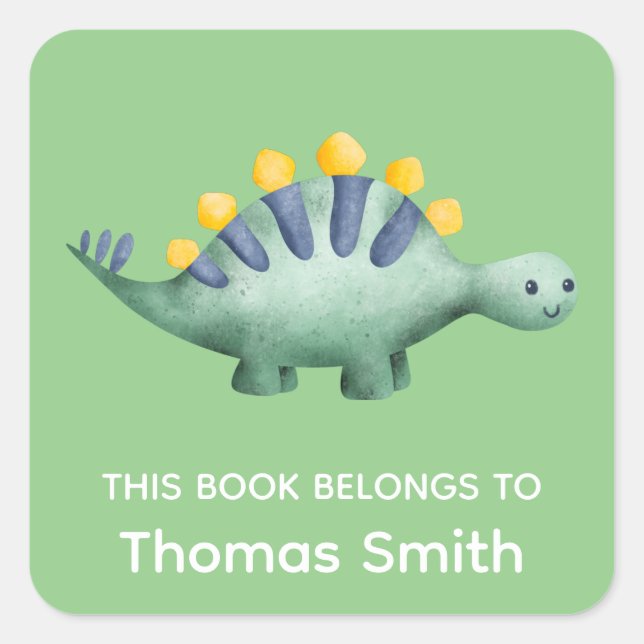  Boys Green Dinosaur and Name School Books Square Sticker (Front)
