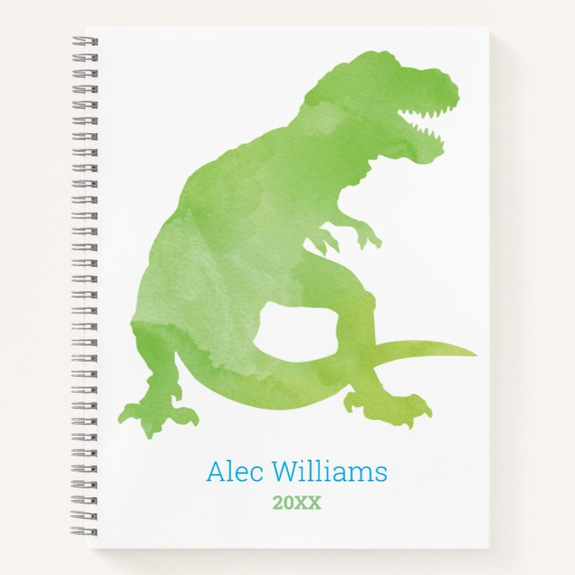 Boys Green Dinosaur Watercolor T-Rex Kids Notebook (Front)