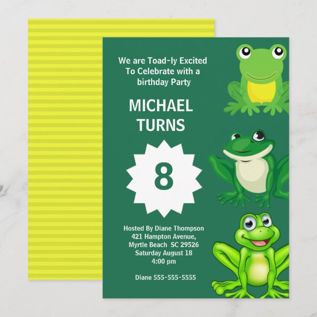 Boys Green Frogs Birthday Party Any Age Invitation (Front/Back)