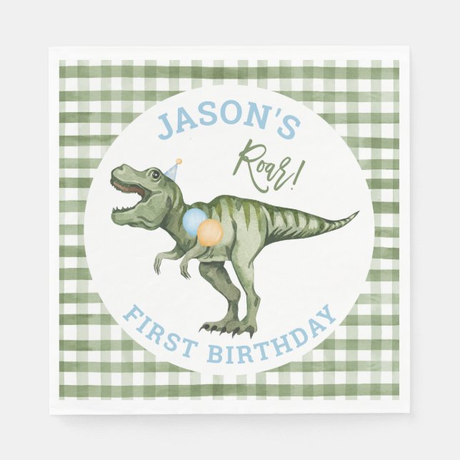 Boys Green Stomp Chomp Roar Dinosaur 1st Birthday Napkin (Front)