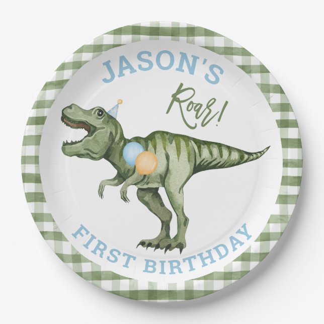 Boys Green Stomp Chomp Roar Dinosaur 1st Birthday Paper Plate (Front)