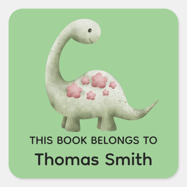 Boys Green "This Book Belongs" Dinosaur and Name Square Sticker (Front)
