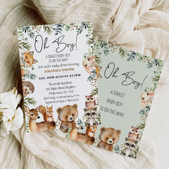 Boys Green Woodland Baby shower Invitation (Cute woodland baby shower invitation for a boy featuring eight cute woodland animals and foliage.)