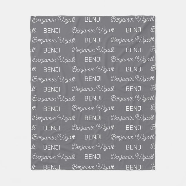 Boys Grey Personalized Script Name Fleece Blanket (Front)