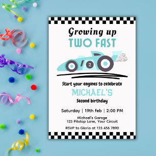 Boys Growing Up Two Fast Race Car 2nd Birthday Invitation
