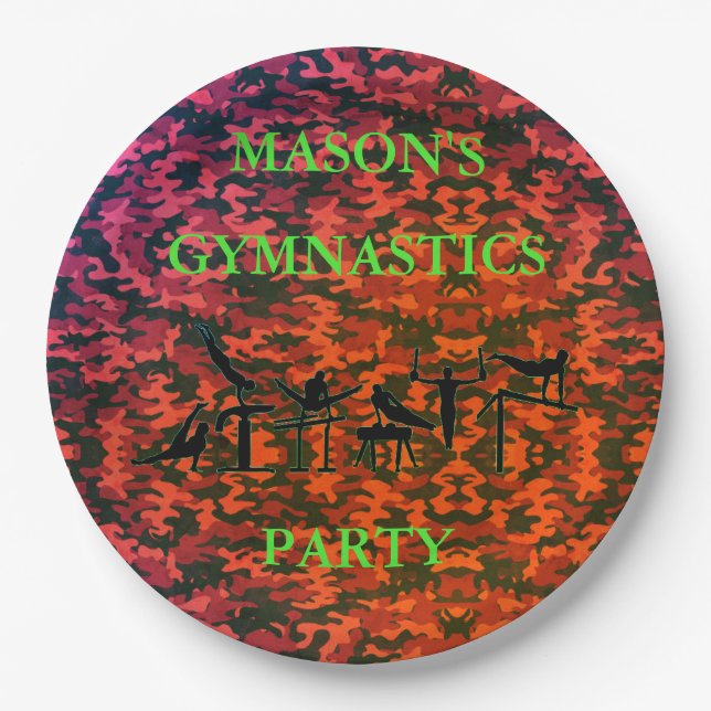 Boys Gymnastics Birthday Party Camo Plates w/ Name (Front)