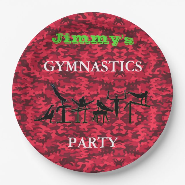 Boys Gymnastics Birthday Party Camo Plates w/ Name (Front)