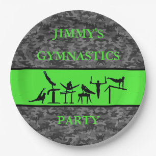 Boys Gymnastics Birthday Party Camo Plates w/ Name