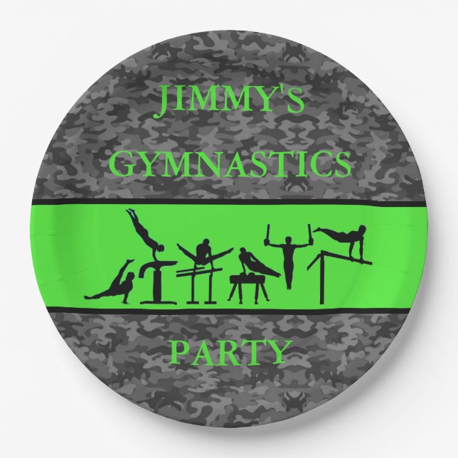 Boys Gymnastics Birthday Party Camo Plates w/ Name (Front)