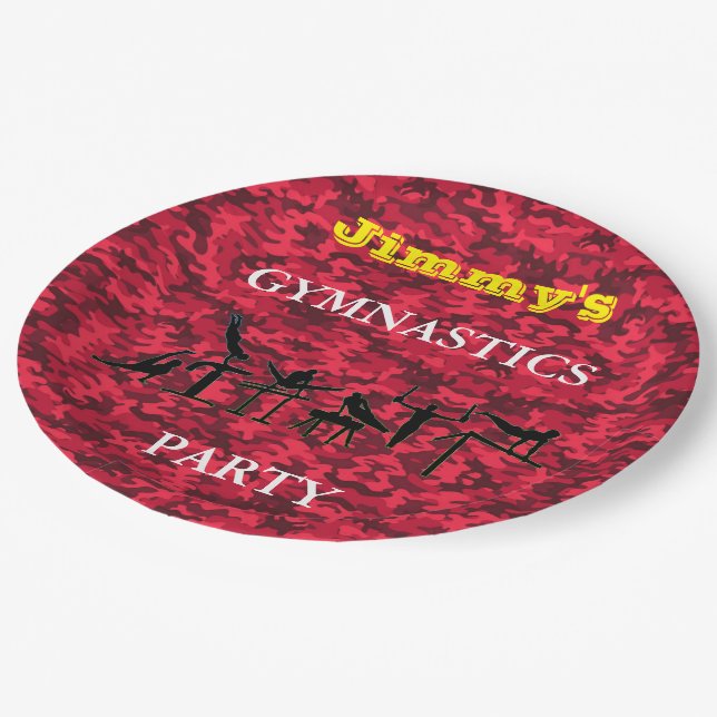 Boys Gymnastics Birthday Party Camo Plates w/ Name (Angled)
