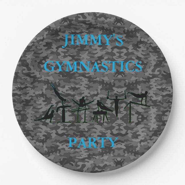 Boys Gymnastics Birthday Party Camo Plates w/ Name (Front)