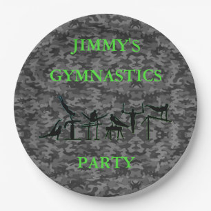 Boys Gymnastics Birthday Party Camo Plates w/ Name