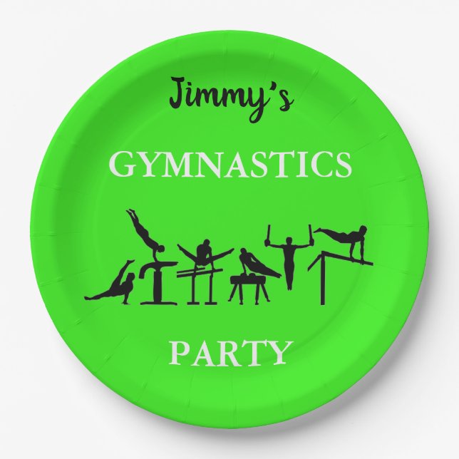 Boys Gymnastics Birthday Party Plates w/ His Name (Front)